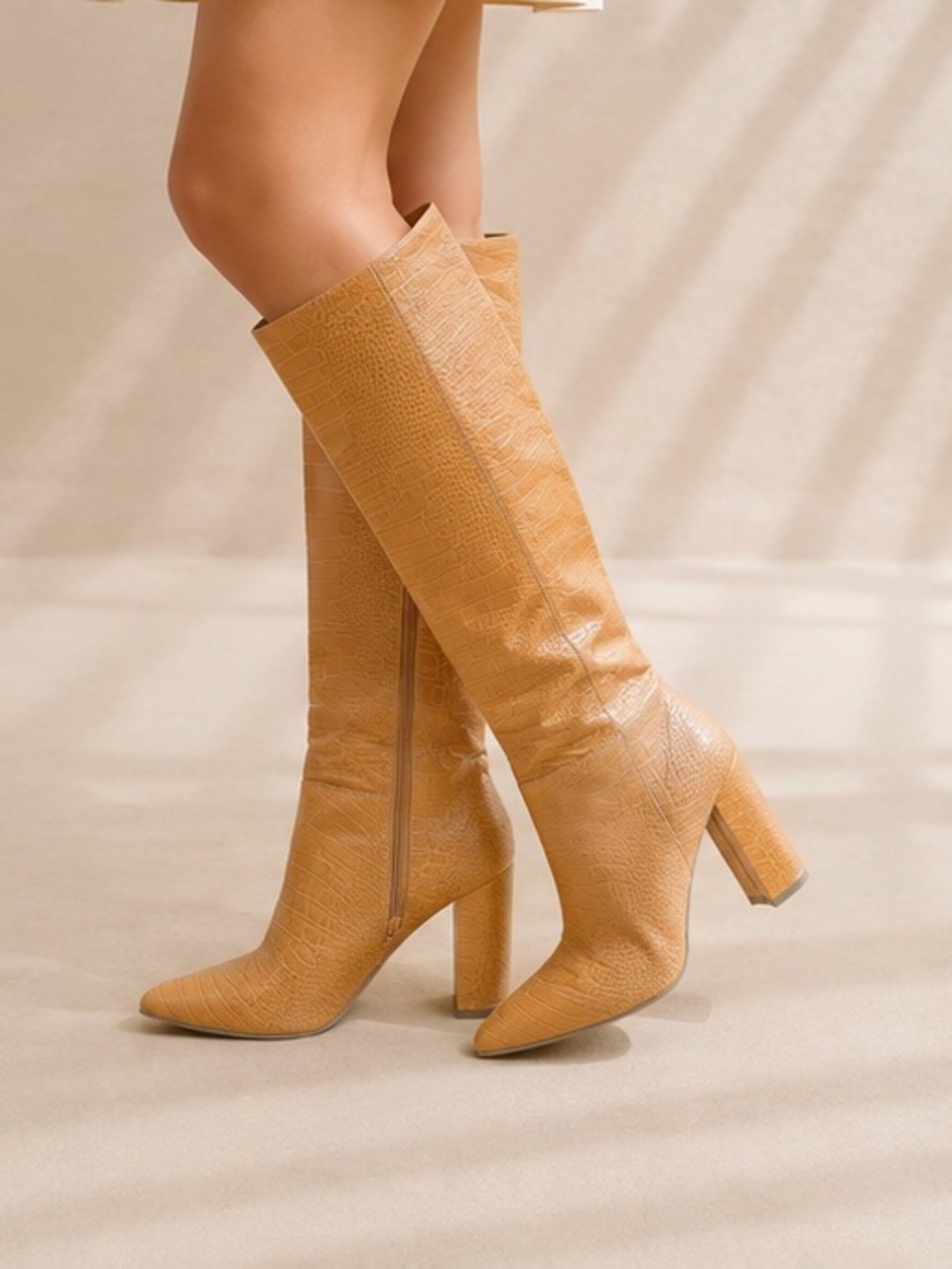Women's Tall Croc-Embossed Block Heel Boot - Tan